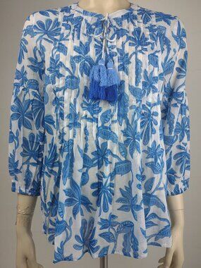 NWT Elie Tahari blue white floral pin tuck 100% Cotton blouse top ladies Small